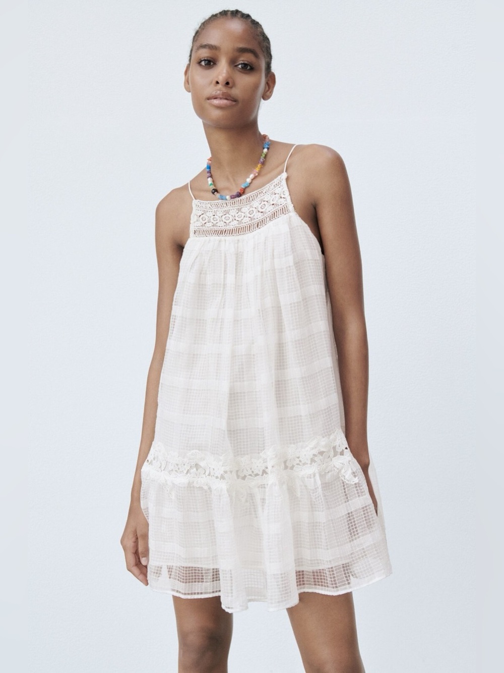 ZARA White Boho Cotton Lace Halter Swing Babydoll Mini Dress